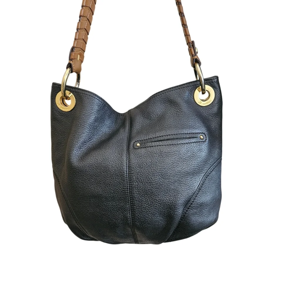 B. Makowsky Pebbled Leather Handbag Black Hobo Brown Accents